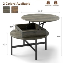 Manora Small Round Coffee Table with Lifting Top and Storage, 2-Tier Modern Minimalist Table for Living Room,Wooden Coffee Table with Hidden Compartment, Gray