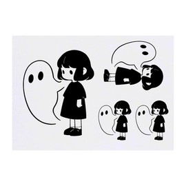 4 x 'Kawaii Girl with Ghost ' Temporary Tattoos - Water Resistant, Skin-Safe, Non-Toxic Transfers, Mixed Sizes (TO00078964)