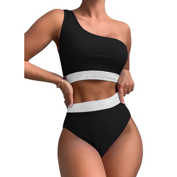FDEETY Women's Bikini Set Colour Block One Shoulder Wide Underbust