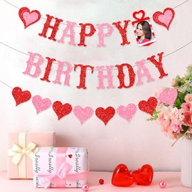 ANFEST Valentines Day Birthday Banner, Glitter Happy Birthday Valentines Backdrop, Birthday Party Decorations Valentines Day Birthday Decorations, Love Heart Happy Birthday Banner