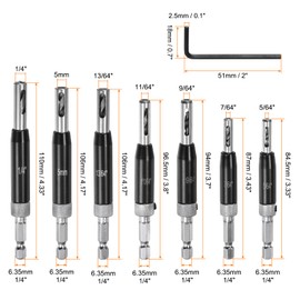 sourcing map 8pcs Self Centering Drill Bit Set 5/64-1/4" 5mm, 1/4" Hex Shank Drilling Bits for Wood Working, Cabinet Door Hinge Hole Punch Tool Self Center with Hex Keys L-Shaped, Black