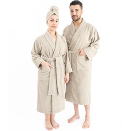 American Soft Linen, 100% Cotton Robes for Women and Men, Soft Lightweight Unisex Couple Turkish Bathrobes, Small - Beige