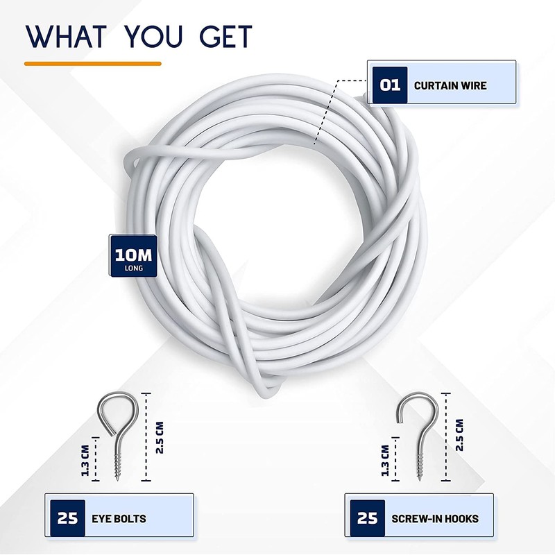 Dikots Net Curtain Wire and Hooks Set - 10M Curtain