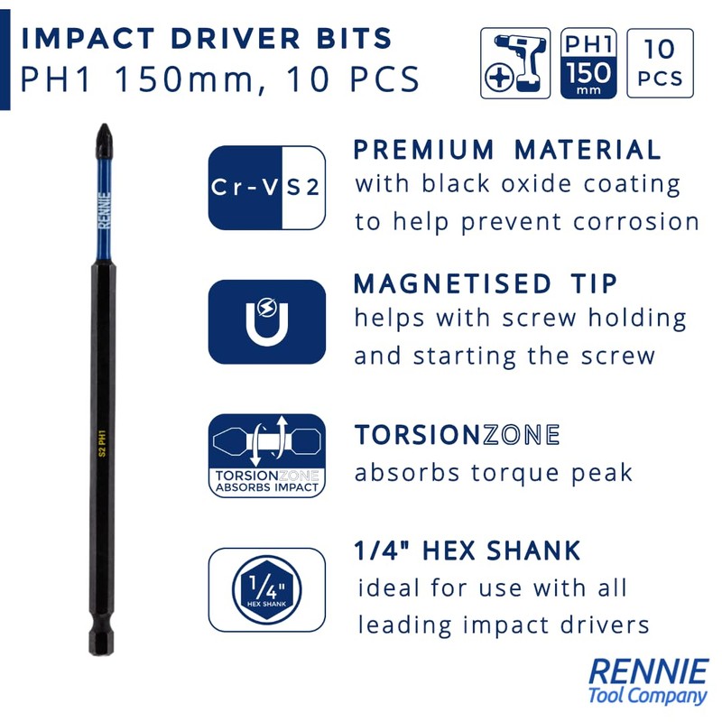 10 x Rennie Tools 150mm Long PH1 Impact Screwdriver Driver