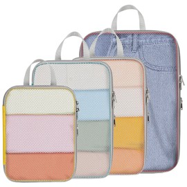 Cambond Compression Packing Cubes for Travel - 4 Set Multi-color See Through Mesh Compression Cubes for Travel Essentials, Space Saving Luggage Packing Organizers Bags for Carry on Suitcases