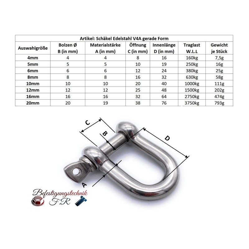 V4A Stainless Steel Shackle Diameter 8 mm Straight Short Shape