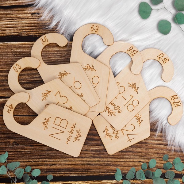 Baby Closet Dividers for Clothes Organizer - Set of 7 Adorable Wooden Double-Sided Baby Clothes Size Hanger Organizer from Newborn to 24 Months for Nursery Beautiful Decor