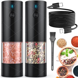 2Pack Electric Salt and Pepper Grinder Set USB Rechargeable with Warm LED Light, Adjustable Coarseness Lidaop Large Capacity Automatic Salt Pepper Mill Shakers for Kitchen, Restaurant, Outdoor, Black