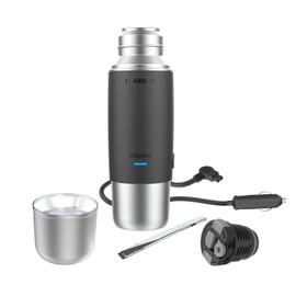 Peabody eTermo 12v Portable Vacuum Insulated Thermos With Water Heater, 16,9 fl OZ, Push Button Dispenser, for Car, SUV, Truck, RV, Boat (Silver)