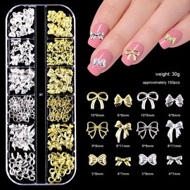 Y2k Nail Charms Star Bow Gold Silver Nail Art Beads Studs Metallic Nail Jewelry Decorations Sparkly Gems Manicure Supplies Accessories for Women DIY Craft