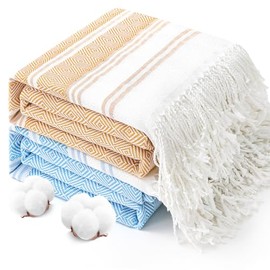 2 Packs Oversized Cotton Turkish Beach Towels Set Bulk 74"x38" Extra Large Sand Free Quick Dry Clearance Swim Bath Camping Pool Towel Travel Blanket Adult Cruise Essentials Accessories Khaki Blue