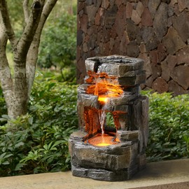 Kalona 3-Tier Outdoor Water Fountain with LED Lights, Resin Rock Waterfall Feature for Garden Patio Backyard, 21.5" Tall Fountain Decor 24392