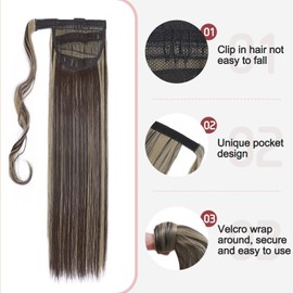 S-noilite Wrap Around Straight Ponytail Extensions 23 Inch Long Straight Clip in Ponytail for Women Synthetic Magic Wrap Pony Tail Hairpiece Soft Silky (23"Straight,Dark Brown Mix Ash Blonde)