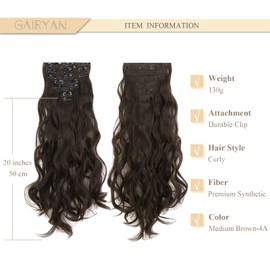 Gairyan 50 cm Clip-In Hair Extensions, Wavy Long, 7-Piece Set, Synthetic Hair, Curly Clip-In Hair Extension, Synthetic Hair for Girls (Medium Brown)
