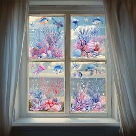 ANATTASOUL Static Window Clings Undersea Plants and Turtles 1 Sheet Reusable Window Decals for Glass, 47.24" x 11.8" Removable Double Sided Window Sticker for Room Office Home Decoration