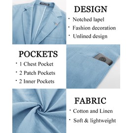 PJ PAUL JONES Mens Linen-Cotton Blazer Regular Fit Two Buttons Sport Coats Lightweight Summer Blazer Jacket Light Blue L