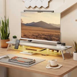 Fenge Dual Monitor Stand for Desk, 2 Tiers Monitor Riser with Acrylic Shelf & App Control LED Lights, 42.5 Inch Wood and Aluminum Desk Shelf with Phone and Tablet Holder