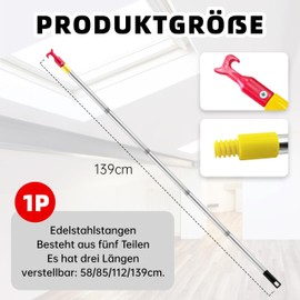 Roof Window Pole Hook Rod for Loft Hooks Floor Stairs - Floor Stairs Pull Hook with Pull Bar, 5-Piece Rod Attic Hooks, 139 cm, Loft Hatch Open/Close