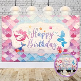 Ayearparty Mermaid Backdrop for Girls Birthday Under The Sea Theme Party Decorations Little Mermaid Scales Photography Photo Studio Booth Banner Kids Baby Happy Birthday Background 71 x 43 Inch