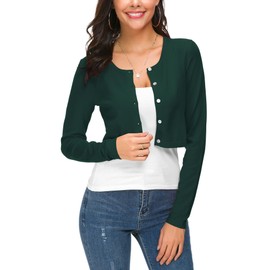 EXCHIC Women's Elegant Long Sleeve Bolero Cardigan with Buttons Round Neck Festive Knitted Shrug Short Cardigan for Dresses, dark green
