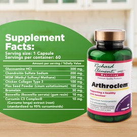 Richard Clement Nutrition - Arthroclem Joint Health Dietary Supplement, Advanced Joint Care with Glucosamine and Chondroitin for Optimum Joint Health, 60 Capsules, Exp. Date 10/31/2022