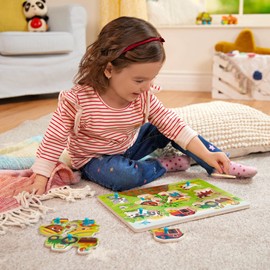 B. toys – Peek & Explore – Barnyard – Wooden Peg Puzzle – Farm Puzzle for Toddlers, Kids – 8 Barnyard Pieces – Barn, Animals, Farmers & More – 2+ Years