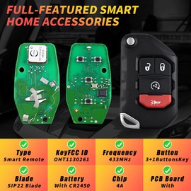 ABUDU fit for 2018-2022 Jeep Wrangler Smart Key Remote Key Fob 433MHz 4A Chip 3+1 Buttons Red Panic Button Smart Card Folding Key FCC ID: OHT1130261