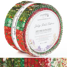 Craftido-18 Options-100% Cotton Jelly Roll Fabric Precut Strips for Quilting, Crafting, and Sewing, 40 Strips 2.5" x 44" Assorted Bundles for Rugs, Quilts, DIY Crafts and Home Decor-Winter Christmas