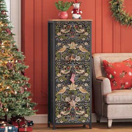 Welfuturer Dresser with 5 Fabric Drawers Strawberry Thief Drawer Dresser for Bedroom Vintage Nightstand Dressers & Chests of Drawer for Halfway Entryway Living Room Sturdy Steel Frame Wood Top, Brown