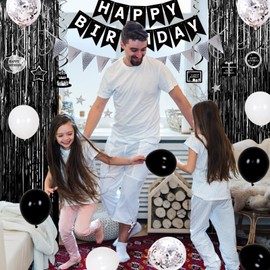 Nigifter Black and Silver Birthday Balloons Decorations for Men Women, Happy Birthday Decorations for Boys Girls Bday Party Balloons Tablecloth Black Silver HAPPY BIRTHDAY Banner Foil Backdrop Decor