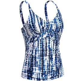 Women Blue Tie Dye Tankini Top Only - Tummy Control Bathing Suit Top V Neck Twist Front Swim Tank No Bottom 2025 XL
