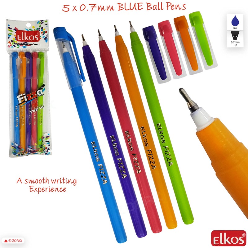 ELKOS BLUE Ballpoint Pens, 0.7mm Fine Point, Pack of 5,