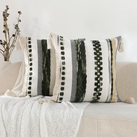 Labilin Boho Cushion Covers 18x18 Set of 2 Farmhouse Decorative Geometric Square Pillows Cover Chenille Cushion Cover With Tassels Pillowcase for Sofa Couch Bed, Dark Green and Beige