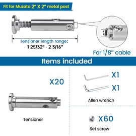 Muzata 20Pack Swageless Cable Railing Kit 1/8" Invisible Tensioner No Need Crimper Tool Flat Head Hidden Cable Rail Hardware for 2"x2" Metal Post Deck Stairs CB04