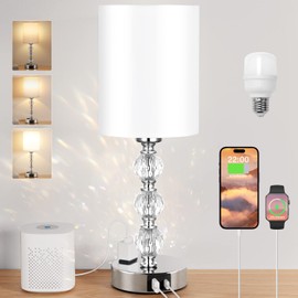 Touch Bedside Lamps for Bedrooms Nightstand - Crystal Table Lamp with USB C+A Charging Port and AC Outlet White, 3 Way Dimmable Silver Small End Side Table Lamp for Living/Guest/Dinning Room/Kitchen