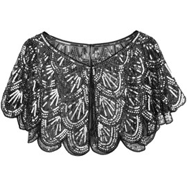 BAOKELAN 1920s Shawls Sequin Beaded Evening Cape for Women Art Deco Vintage Shawl for Gatsby Party Bridal Dresses Silver Black