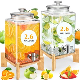 FillTouch 2 Set 2.6 Gallon Glass Beverage Dispenser with Wooden Stand Large Water Drink Dispensers for Parties with Leakproof Stainless Steel Spigot Glass Lid for Lemonade, Water, Juice, Iced Tea