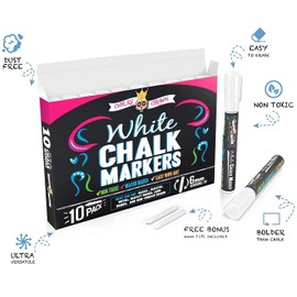 CHALKY CROWN Liquid Chalk Marker Pen - White Dry Erase Marker - Chalk Markers for Chalkboard Signs, Windows, Blackboard, Glass - 6mm Reversible Tip (10 Pack)