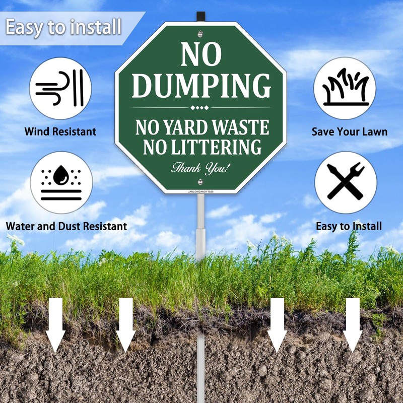 No Dumping No Yard Waste No Littering Sign, 10"W x
