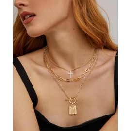 MJartoria Layered Initial Necklaces for Women Trendy, 14K Gold Plated Simple Cross Choker Square Letter Pendant Necklace, Paperclip Chain Necklace, Gold Necklaces Jewelry Gifts (M, Gold)