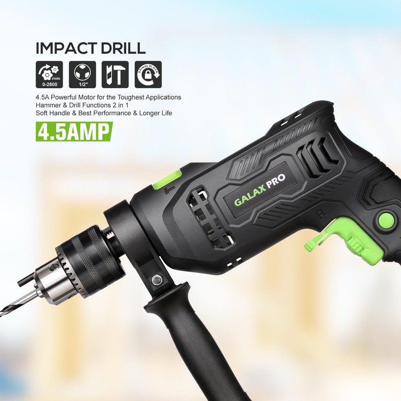 GALAX PRO 4.5Amp 0-3000RPM Corded Hammer Drill, 5pcs Bit, Hammer