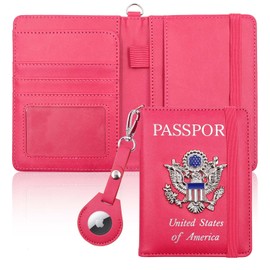 Cnycmy Airtag Passport Holder Cover Wallet Travel for Women/Men, Anti-Lost Passport Wallet with Airtag Holder, Passport Case RFID Blocking, Metal US Badge Passport Book Holder (Rose red1)
