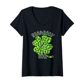 Womens Shamrock & Roll Green Leopard Print Clover Vintage V-Neck T-Shirt