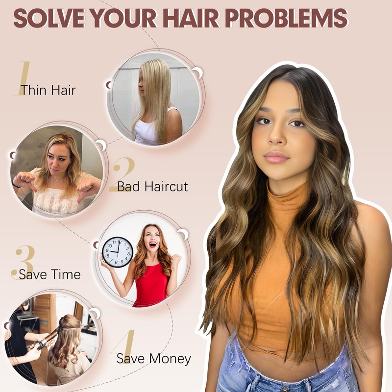 FESHFEN 20" Thick Highlight Long Wavy Synthetic Hair Extensions Full