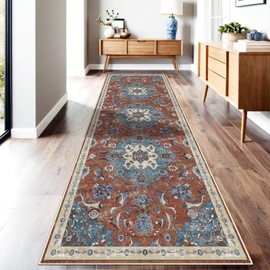 Roseek Rug Runner for Hallways 2.6x8, Kitchen Rugs Non Slip Washable, Boho Area Rug for Living Room, Low Pile Distressed Floral Rugs Carpet Runners for Bedroom, Entryway