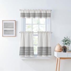 Curtain works - Juego de cortinas bohemias de cocina, 3 piezas, filtrado de luz, rayas tejidas globales, par de niveles de 28 de ancho x 36 de largo, cenefa de 56 de ancho x 14 de largo, rayas blancas y negras