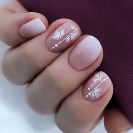 Press on Nails Short Square False Nails with White Gradient Designs Line and Flower Fake Nails Artificial Nails Pink White Glue on Nails Stick on Nails Glossy Acrylic Nails for Women Girls 24Pcs