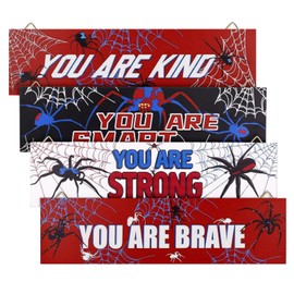 4pcs Spider Web Wall Signs, Wooden Spider Web Bedroom Wall Decor Inspirational Quotes Spider Room Decor for Boys Spider Web Wall Hanging for Bedroom Playroom Kindergarten