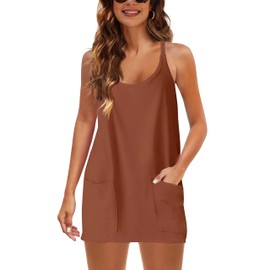 Faleave Women's Summer Sleeveless Mini Dress Athletic Dress Spaghetti Strap Short Tennis Dress with Pockets(Rust-XS)