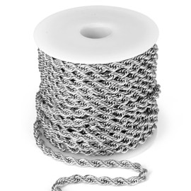 [33FT] Stainless Steel Rope Chain, 4mm Width 304 Stainless Steel Rope Chains Roll Bulk for Jewelry Making